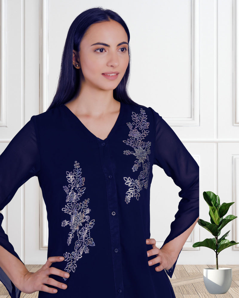 Women's Sequins Motifs Embellished Georgette Frilled Set