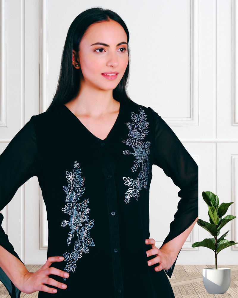 Women's Sequins Motifs Embellished Georgette Frilled Set