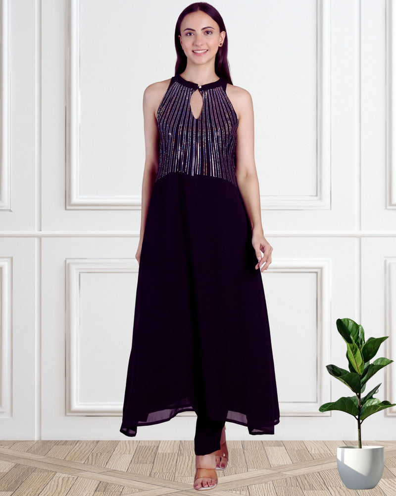 Women's Sequins Motifs Embellished Georgette Sleeveless Kurti Pant Set