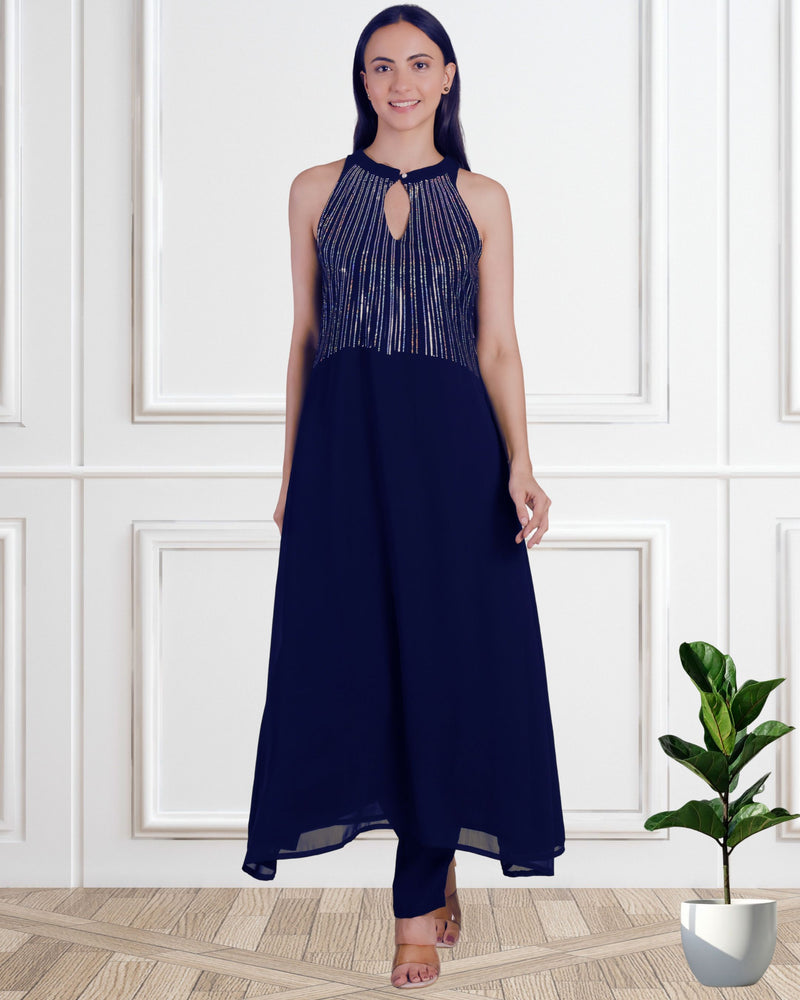 Women's Sequins Motifs Embellished Georgette Sleeveless Kurti Pant Set