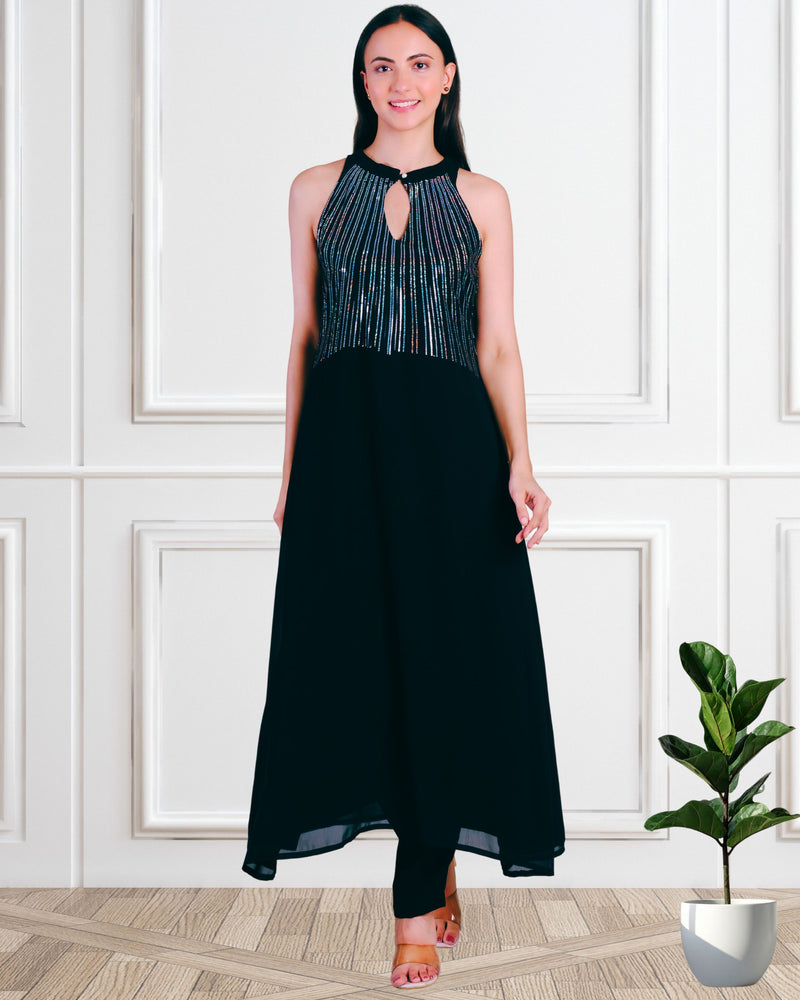 Women's Sequins Motifs Embellished Georgette Sleeveless Kurti Pant Set
