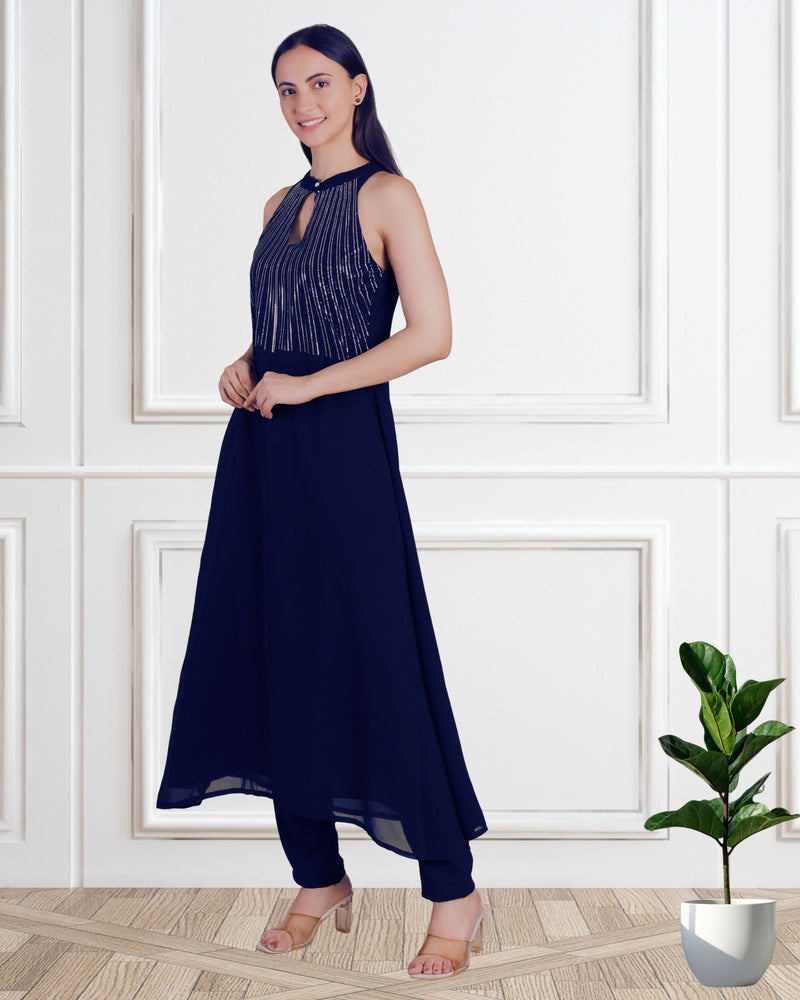 Women's Sequins Motifs Embellished Georgette Sleeveless Kurti Pant Set