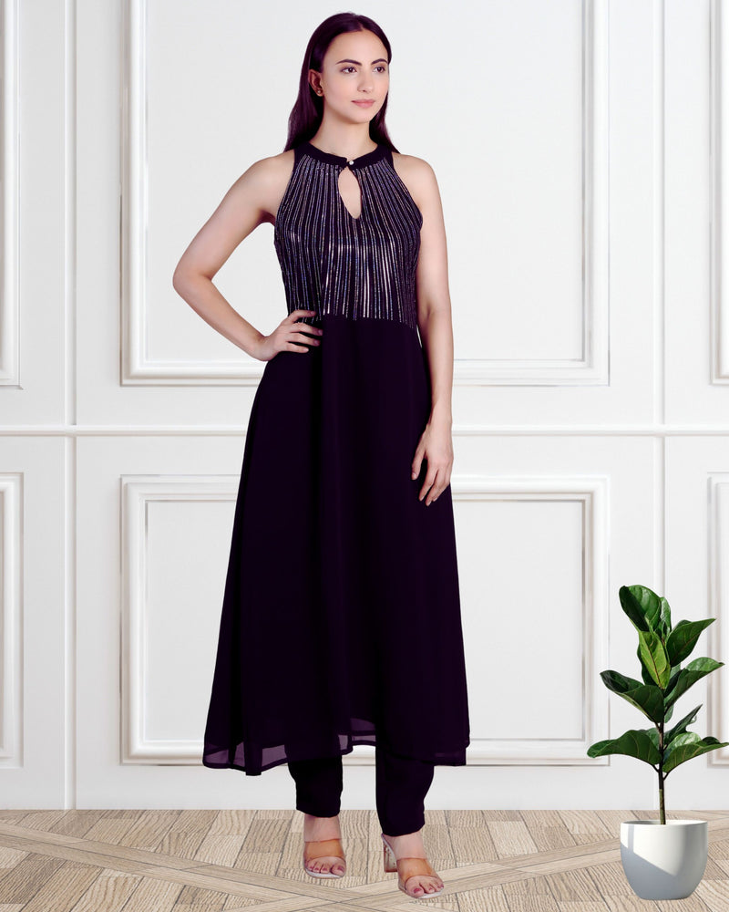 Women's Sequins Motifs Embellished Georgette Sleeveless Kurti Pant Set