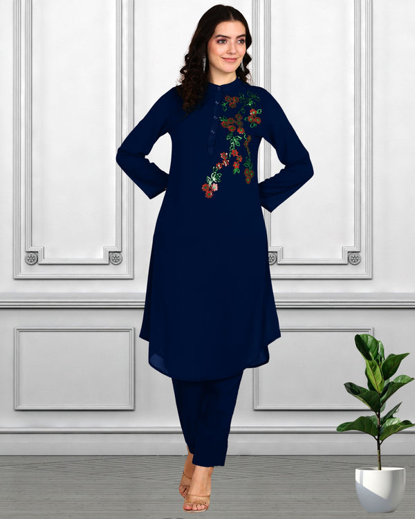 Women Sequins Motifs Embellished Asymmetric Kurti Pant Set