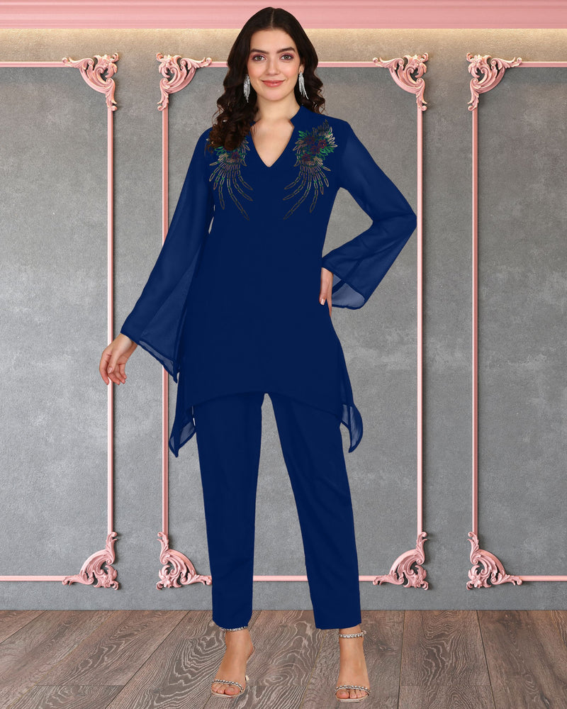 Women's Sequins Motifs Embellished Asymmetric Kurti Pant Set