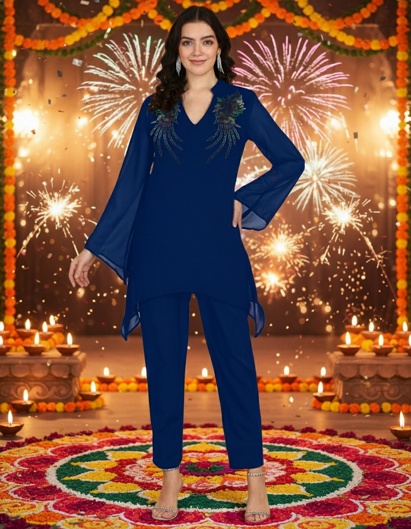 Women's Sequins Motifs Embellished Asymmetric Kurti Pant Set