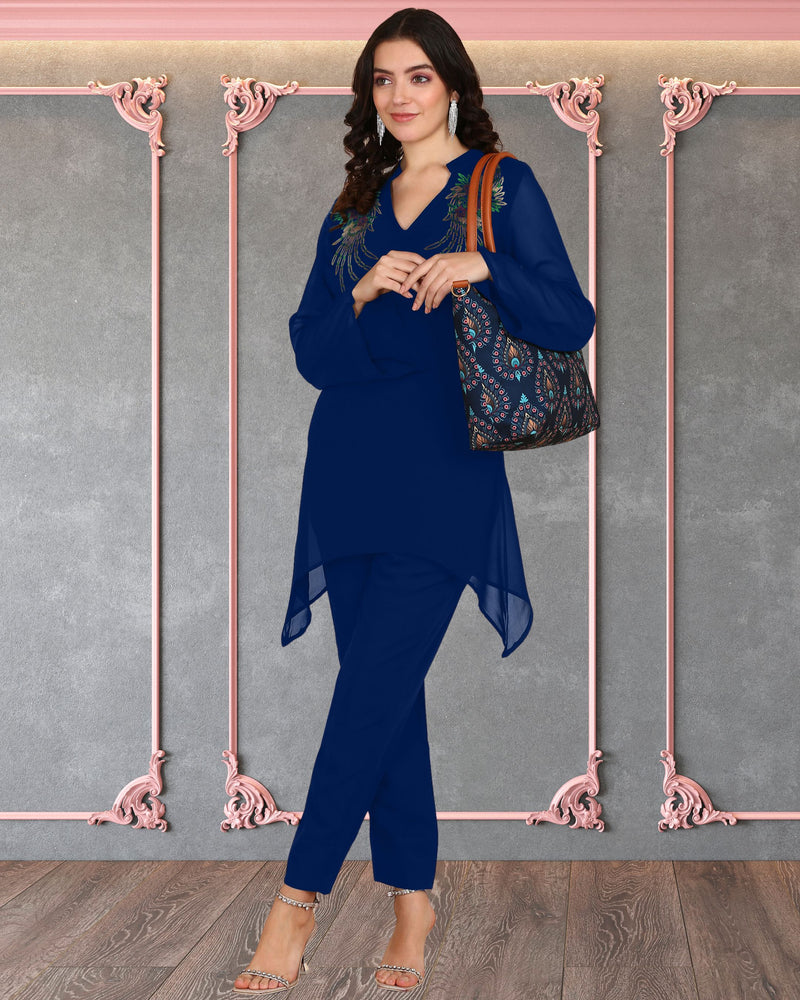 Women's Sequins Motifs Embellished Asymmetric Kurti Pant Set