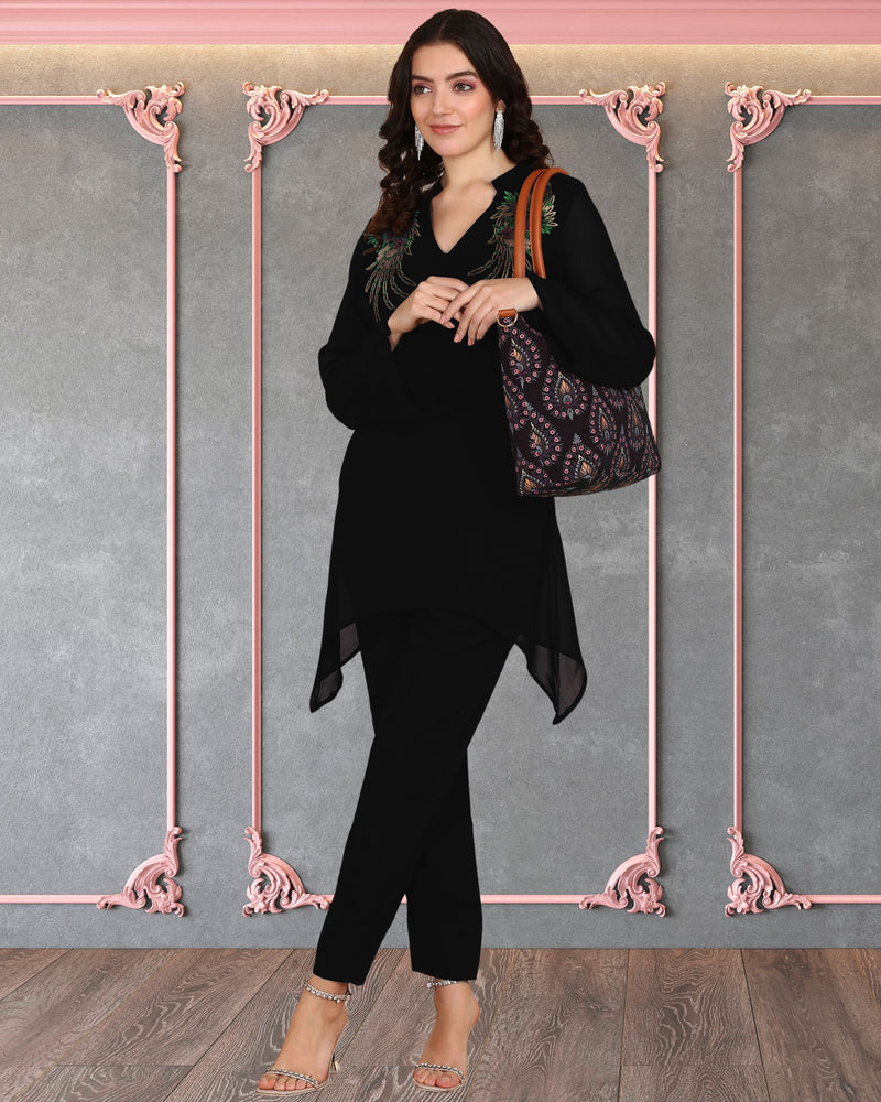 Women's Sequins Motifs Embellished Asymmetric Kurti Pant Set