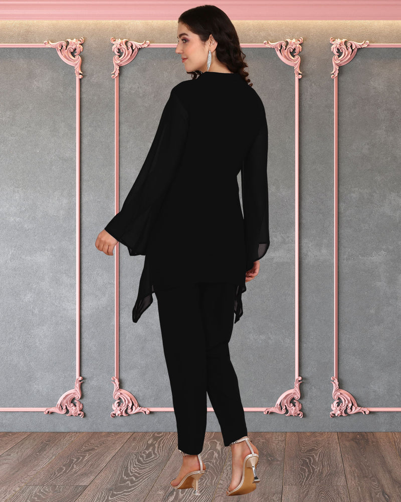 Women's Sequins Motifs Embellished Asymmetric Kurti Pant Set