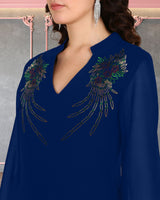 Women's Sequins Motifs Embellished Asymmetric Kurti Pant Set