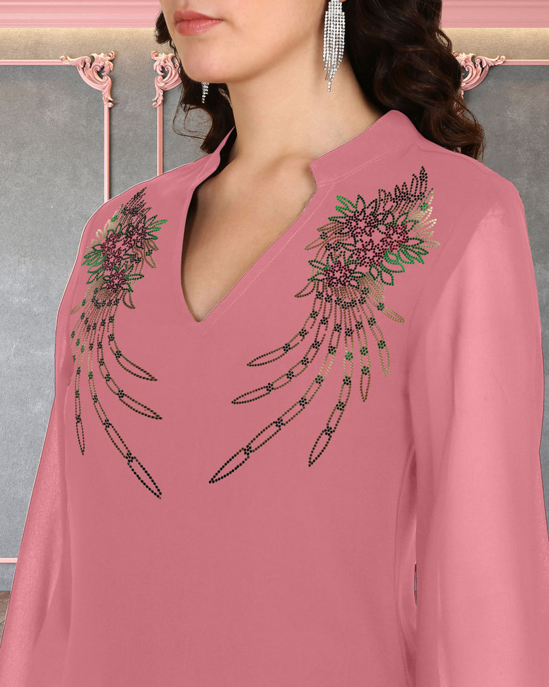 Women's Sequins Motifs Embellished Asymmetric Kurti Pant Set