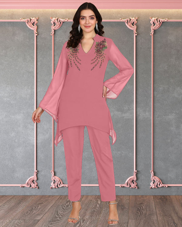 Women's Sequins Motifs Embellished Asymmetric Kurti Pant Set