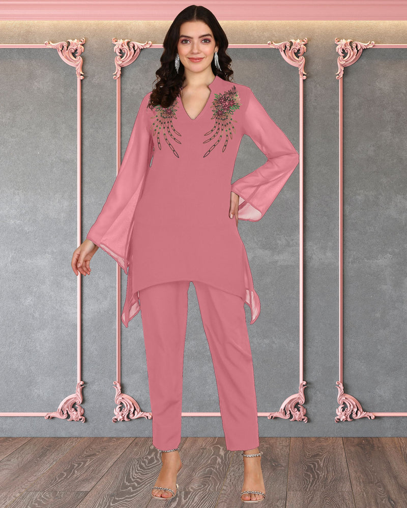 Women's Sequins Motifs Embellished Asymmetric Kurti Pant Set