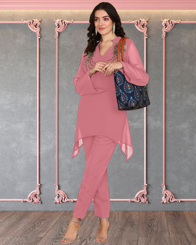 Women's Sequins Motifs Embellished Asymmetric Kurti Pant Set