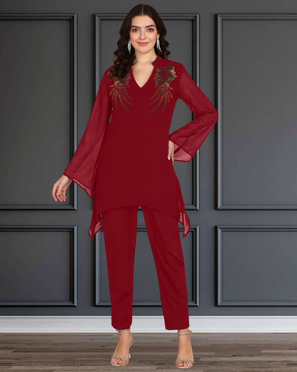 Women's Sequins Motifs Embellished Asymmetric Kurti Pant Set