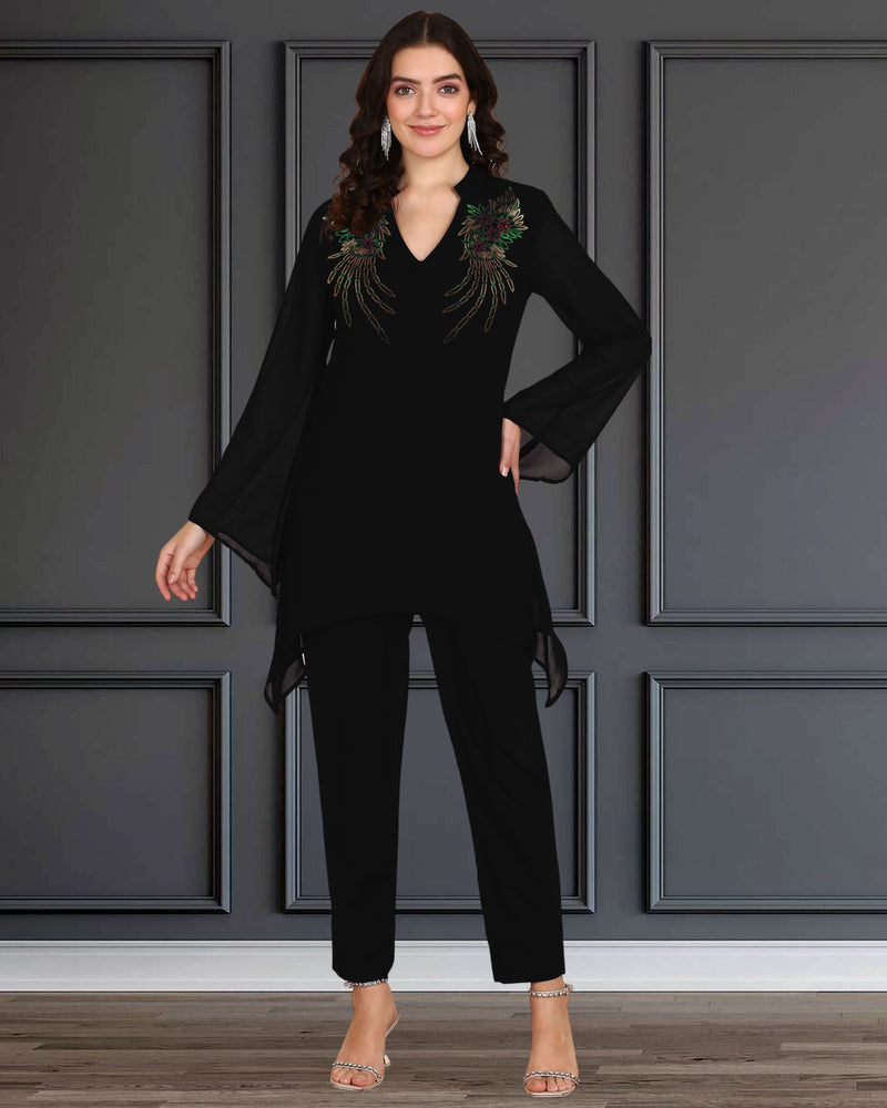 Women's Sequins Motifs Embellished Asymmetric Kurti Pant Set