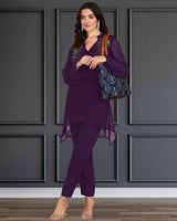 Women's Sequins Motifs Embellished Asymmetric Kurti Pant Set