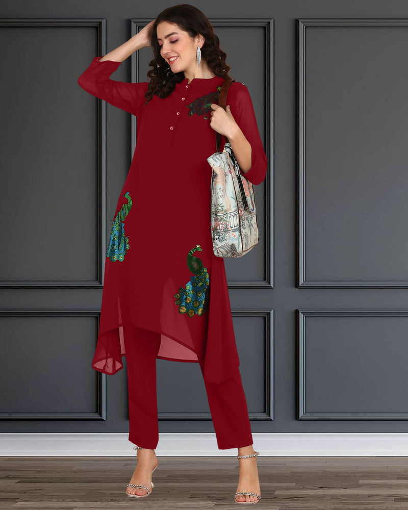 Women's Sequins Motifs Embellished Asymmetric Kurti Pant Set