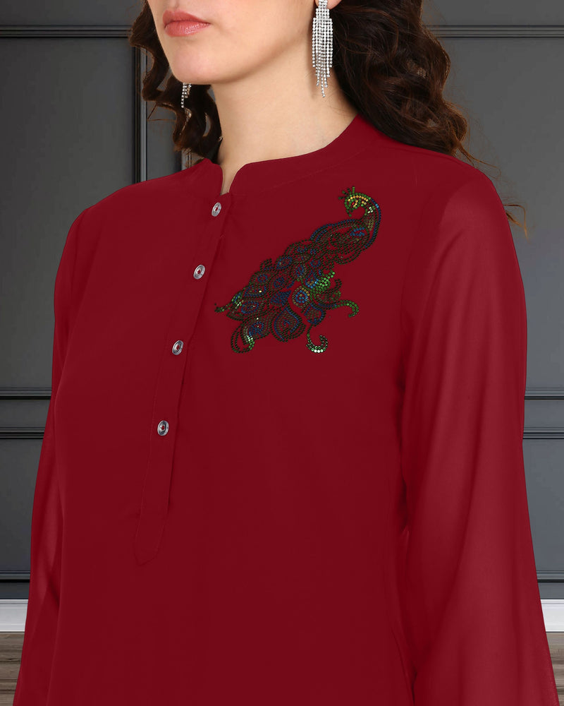 Women's Sequins Motifs Embellished Asymmetric Kurti Pant Set