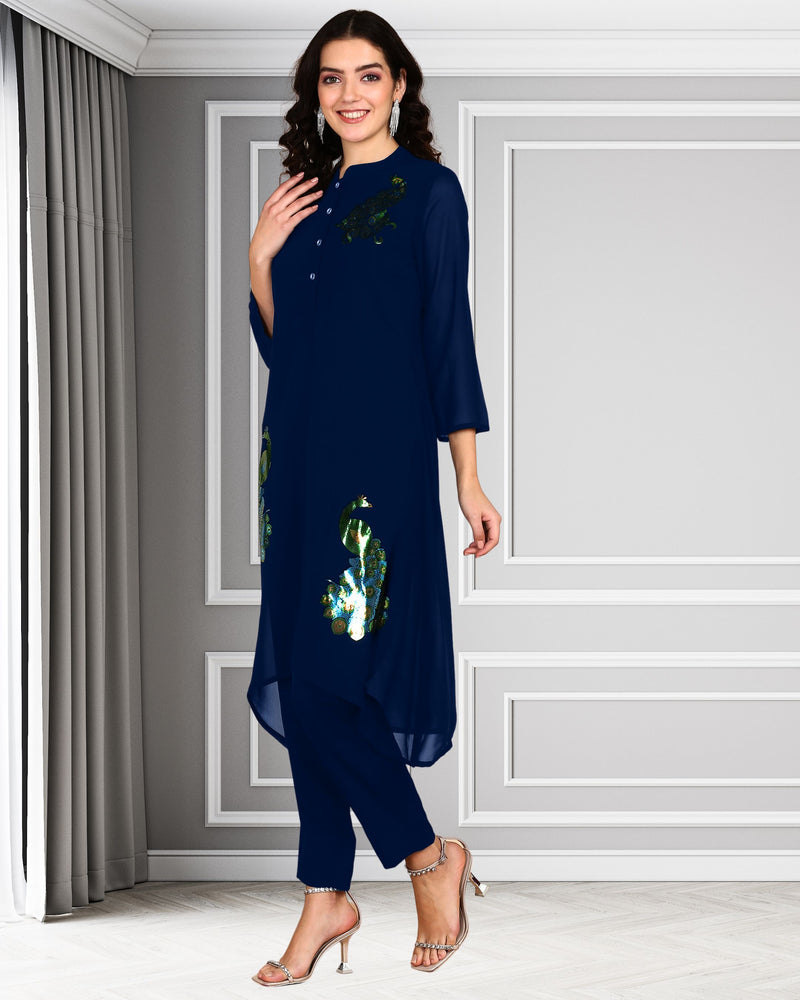 Women's Sequins Motifs Embellished Asymmetric Kurti Pant Set