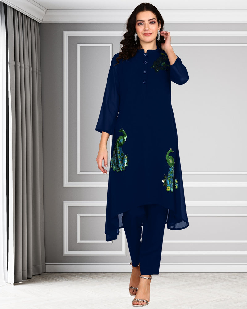 Women's Sequins Motifs Embellished Asymmetric Kurti Pant Set