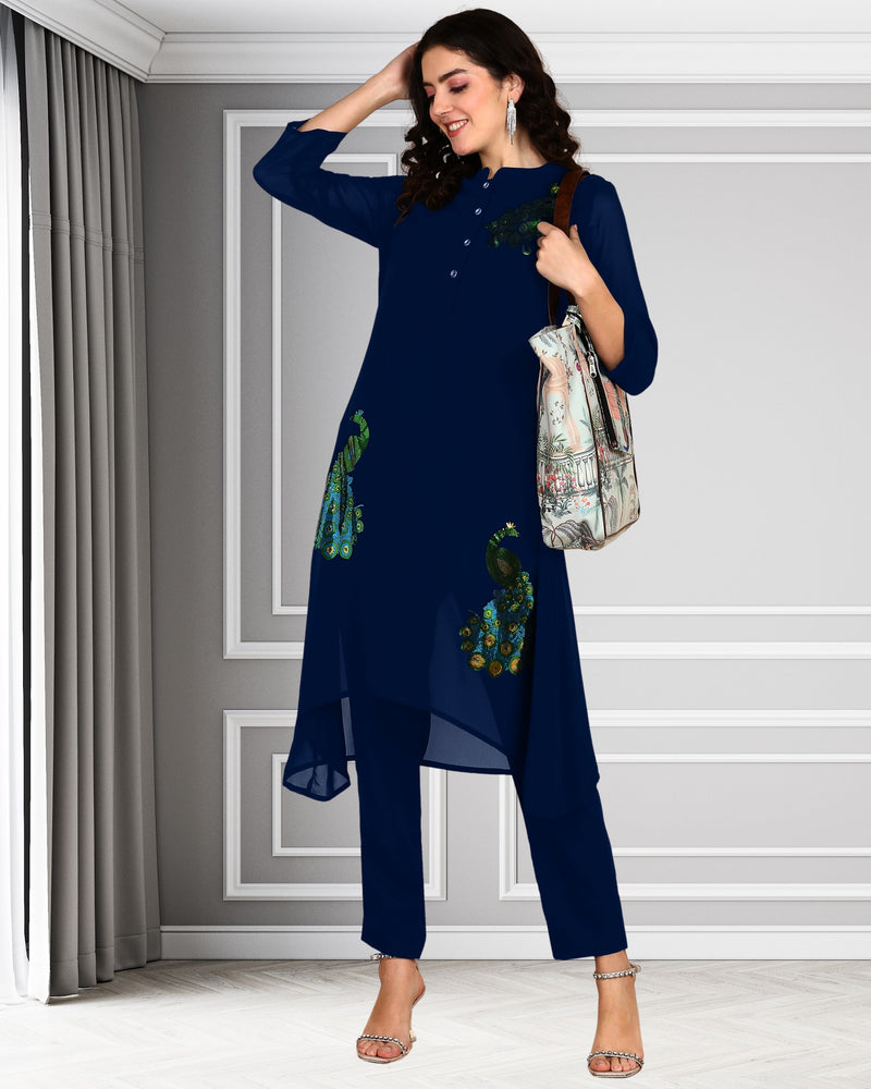 Women's Sequins Motifs Embellished Asymmetric Kurti Pant Set