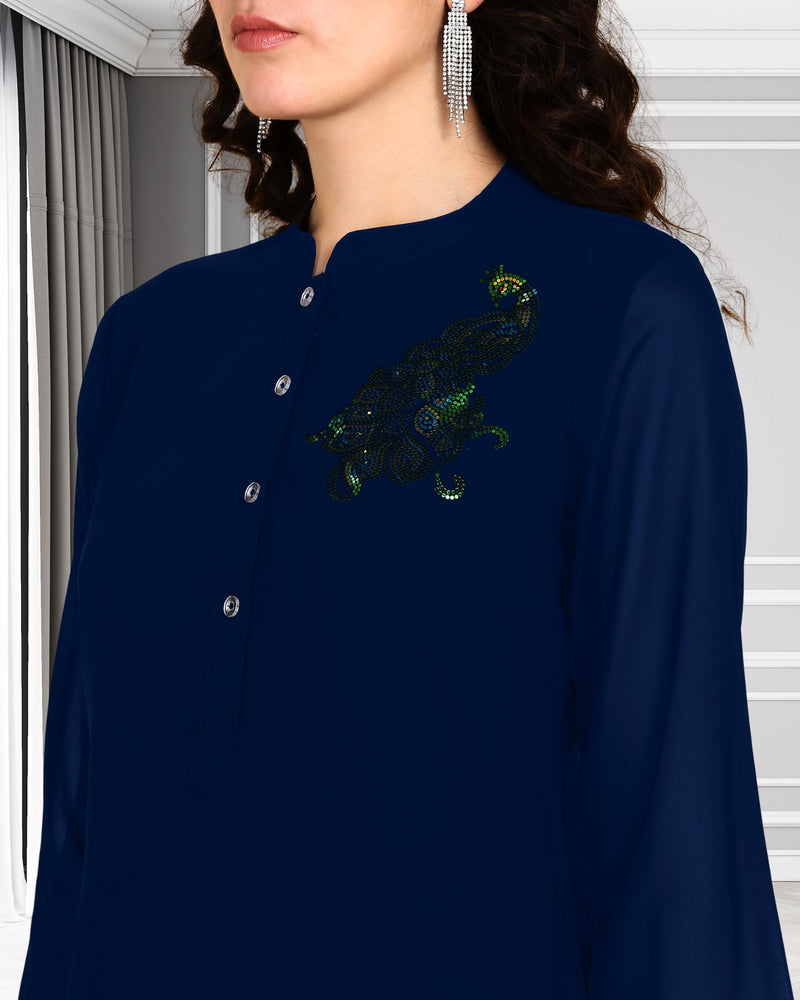 Women's Sequins Motifs Embellished Asymmetric Kurti Pant Set