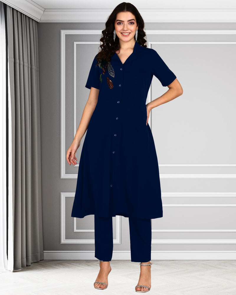 Women's Sequins Motifs Embellished Asymmetric Kurti Pant Set