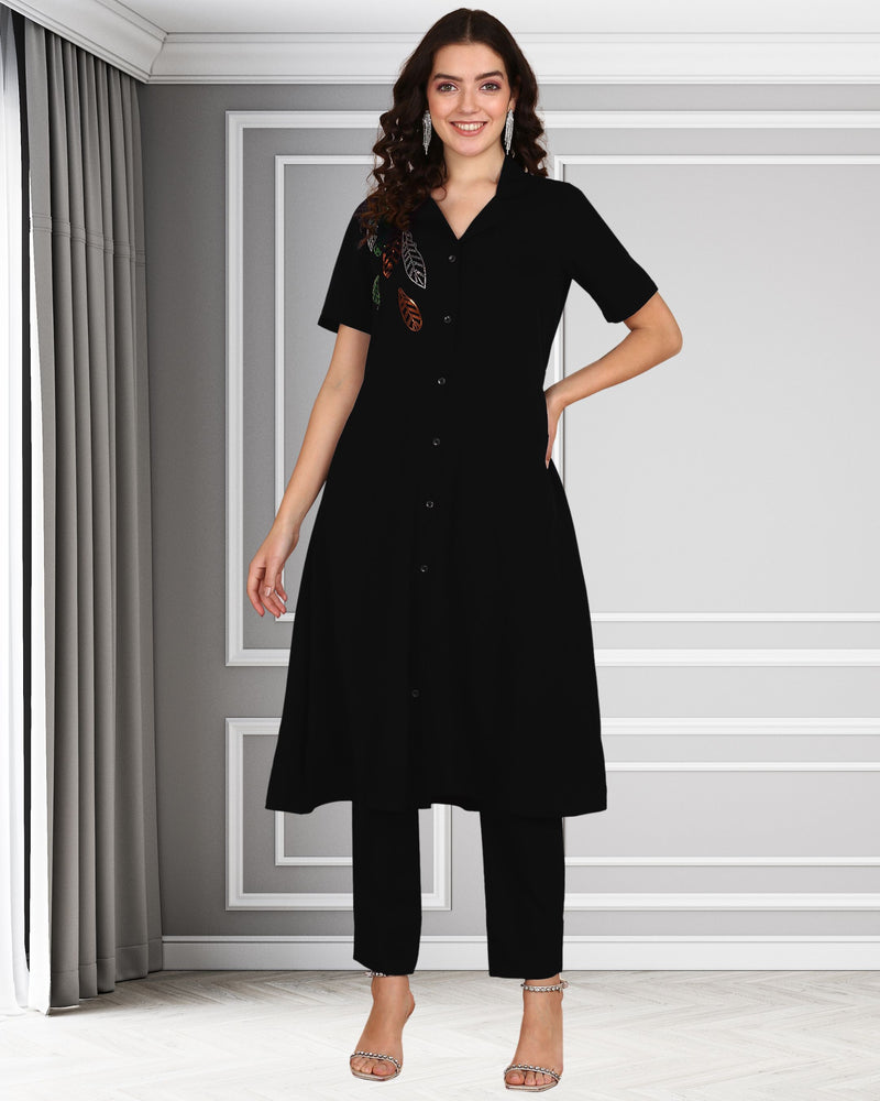 Women's Sequins Motifs Embellished Asymmetric Kurti Pant Set