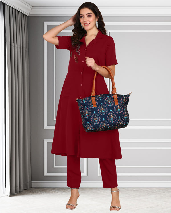 Women's Sequins Motifs Embellished Asymmetric Kurti Pant Set
