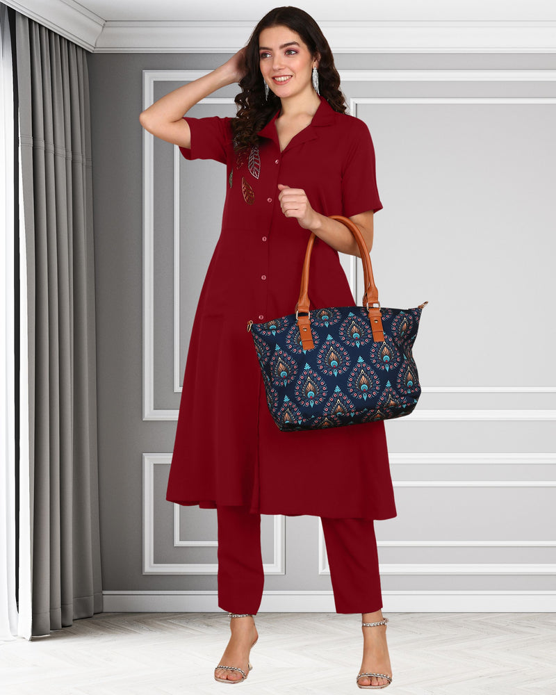 Women's Sequins Motifs Embellished Asymmetric Kurti Pant Set