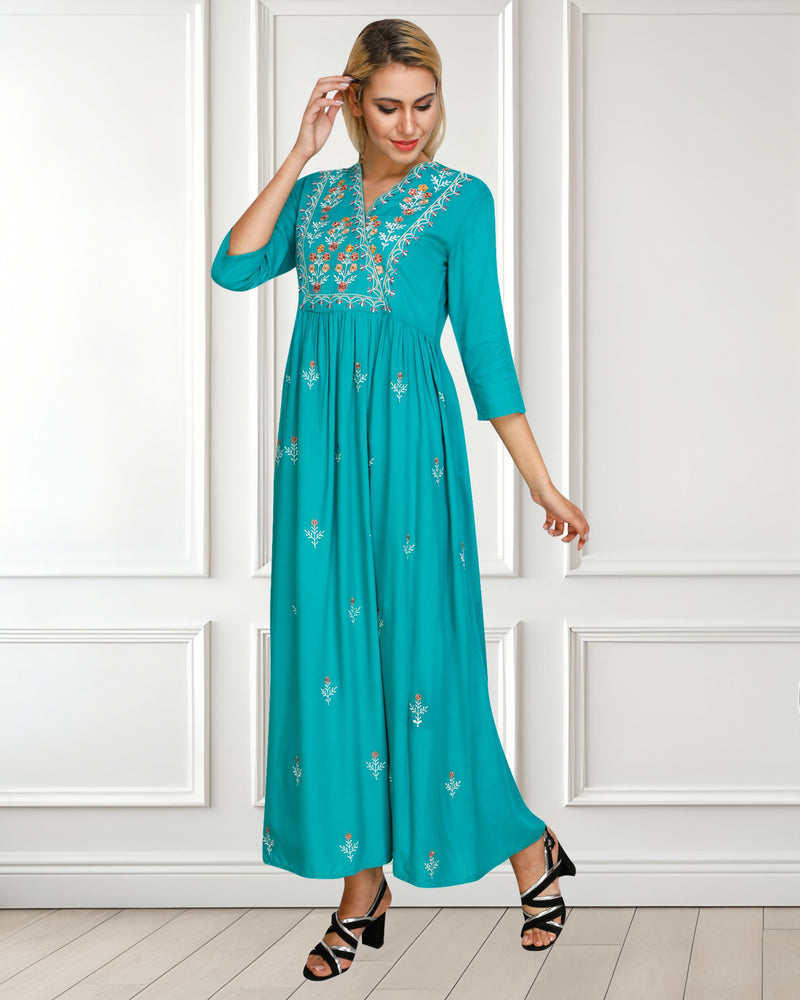 WOMEN FLORAL EMBROIDED KURTI SHV 29 TURQUOISE
