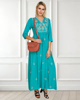 WOMEN FLORAL EMBROIDED KURTI SHV 29 TURQUOISE