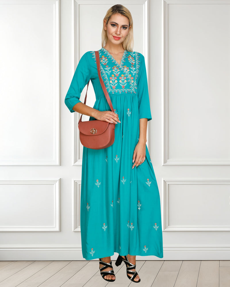WOMEN FLORAL EMBROIDED KURTI SHV 29 TURQUOISE