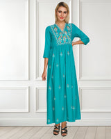 WOMEN FLORAL EMBROIDED KURTI SHV 29 TURQUOISE