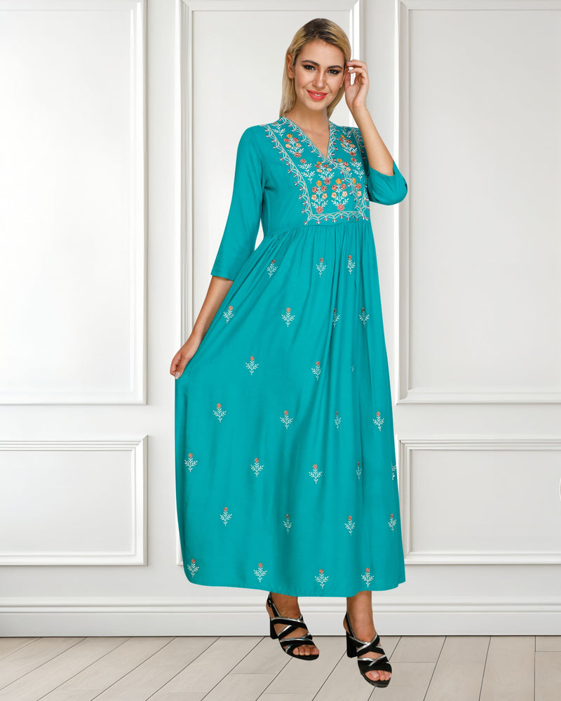 WOMEN FLORAL EMBROIDED KURTI SHV 29 TURQUOISE