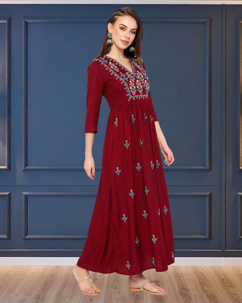 WOMEN FLORAL EMBROIDED KURTI SHV 29 MAROON