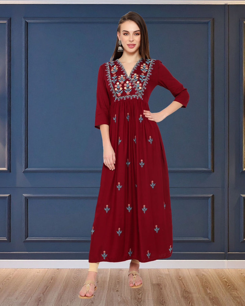 WOMEN FLORAL EMBROIDED KURTI SHV 29 MAROON