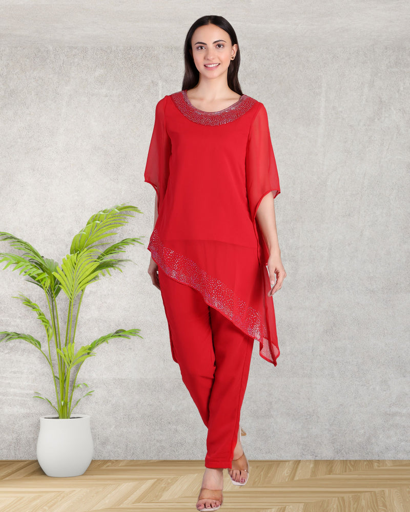 Women's Asymmetric Sequin Motif Embellished Georgette Set