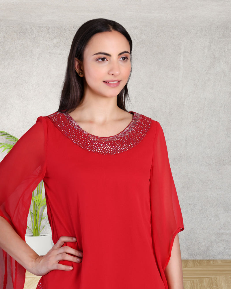 Women's Asymmetric Sequin Motif Embellished Georgette Set