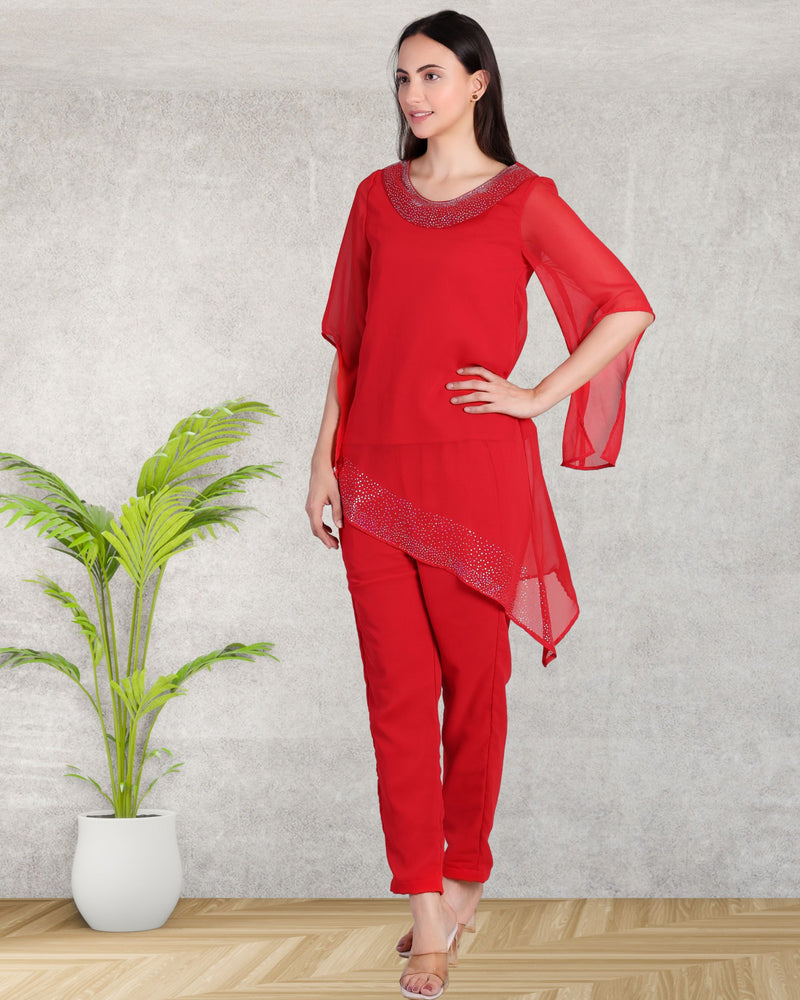 Women's Asymmetric Sequin Motif Embellished Georgette Set