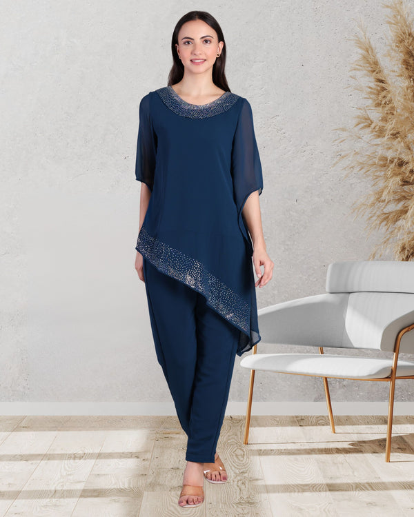 Women's Asymmetric Sequin Motif Embellished Georgette Set