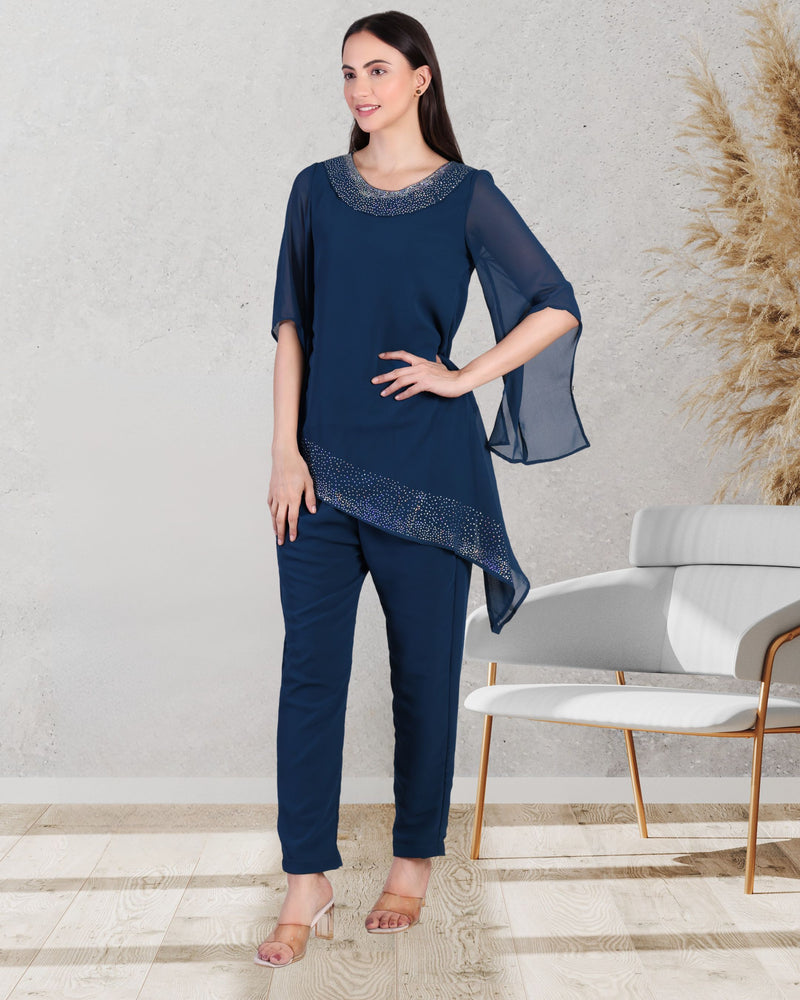 Women's Asymmetric Sequin Motif Embellished Georgette Set