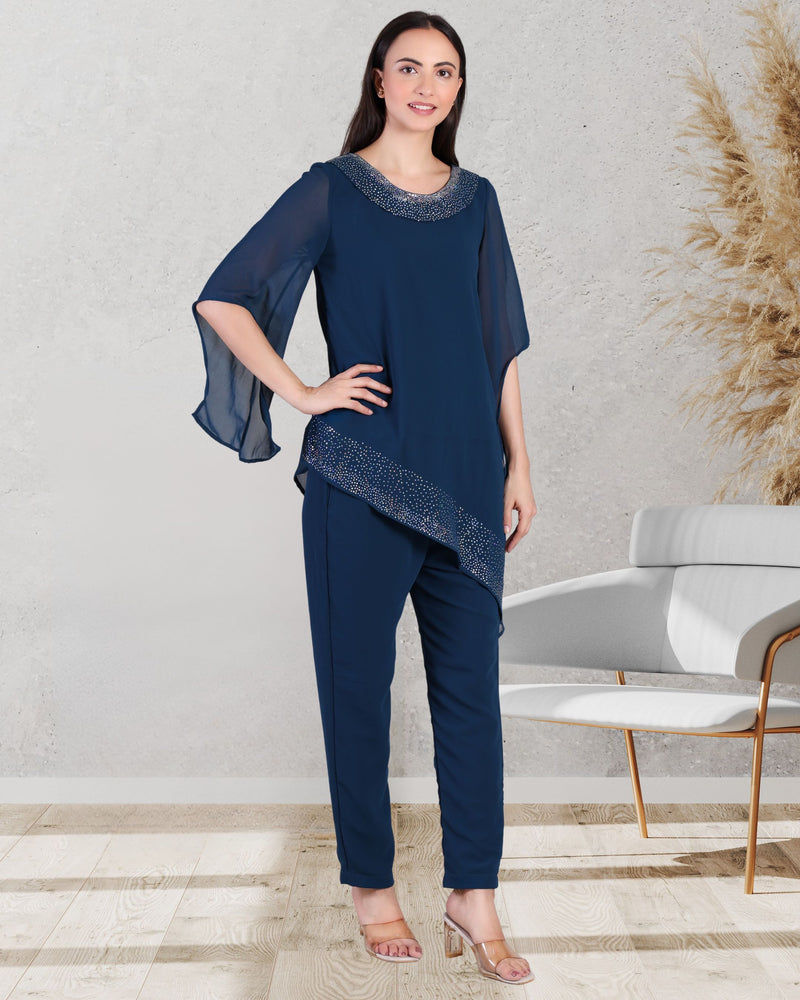 Women's Asymmetric Sequin Motif Embellished Georgette Set