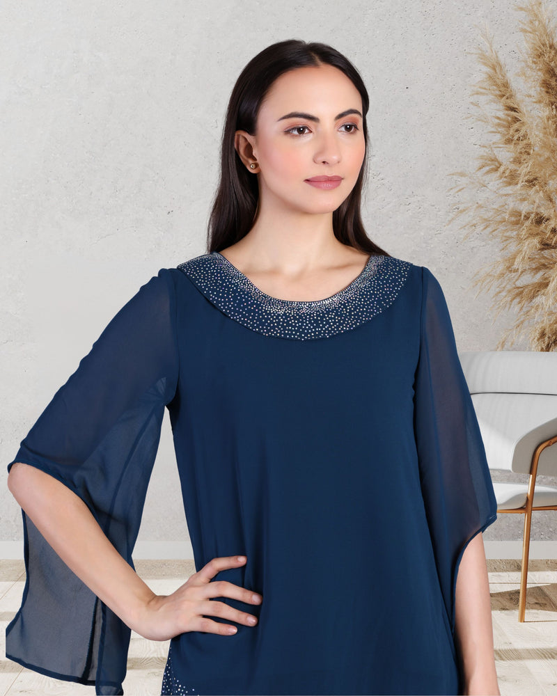 Women's Asymmetric Sequin Motif Embellished Georgette Set