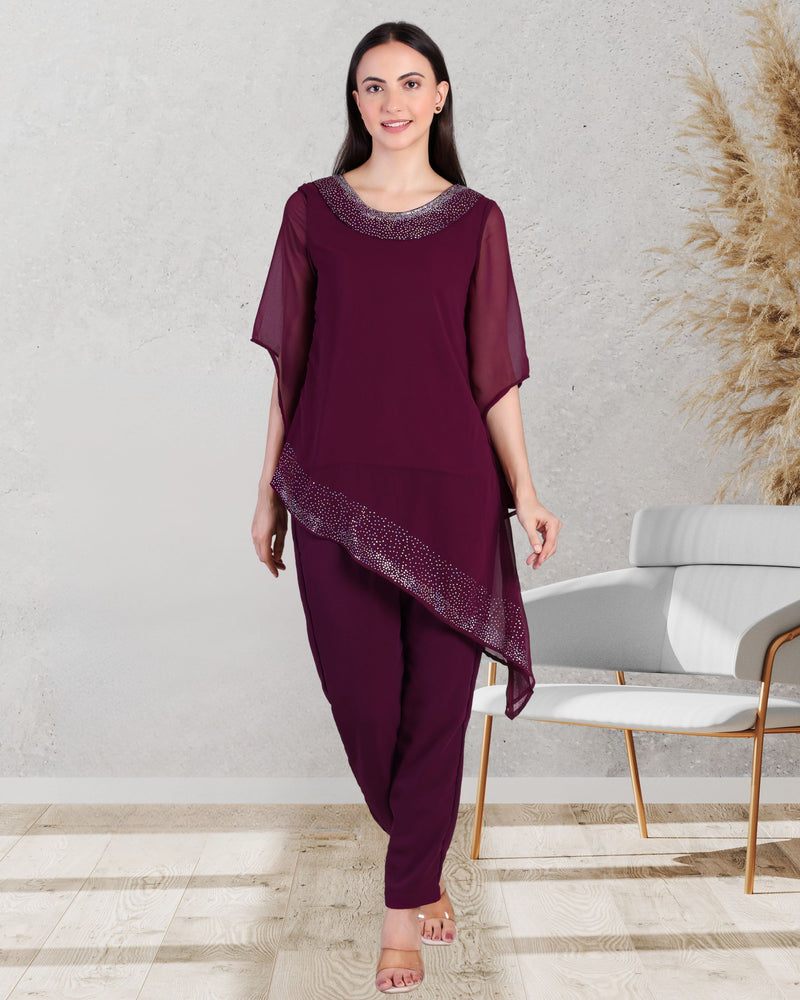 Women's Asymmetric Sequin Motif Embellished Georgette Set