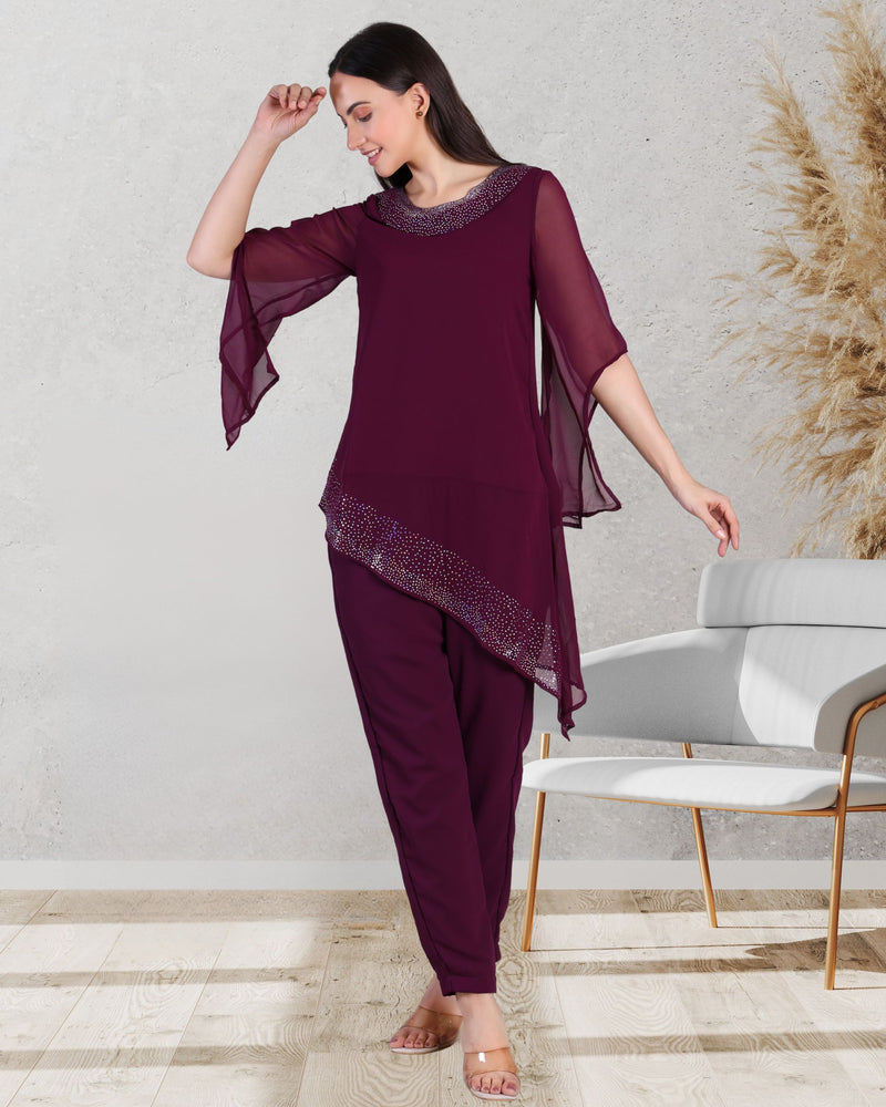 Women's Asymmetric Sequin Motif Embellished Georgette Set