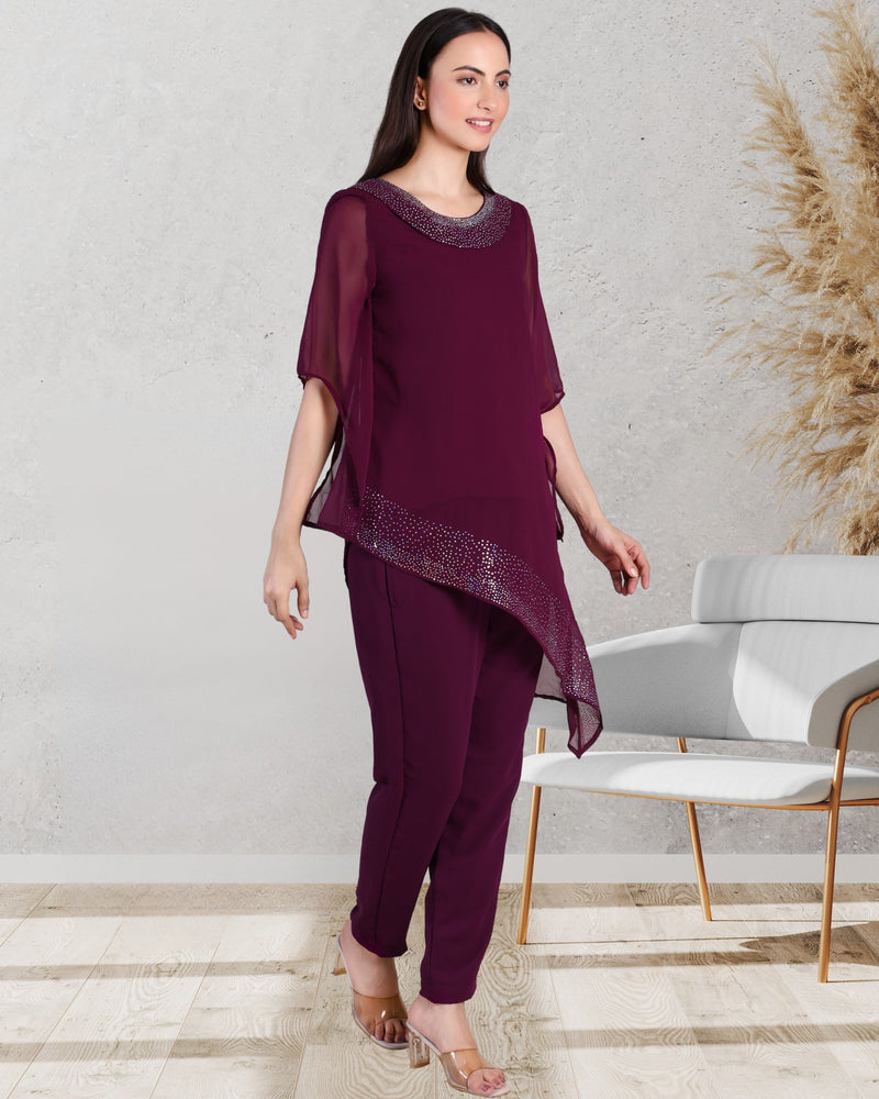 Women's Asymmetric Sequin Motif Embellished Georgette Set