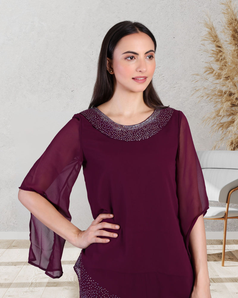 Women's Asymmetric Sequin Motif Embellished Georgette Set