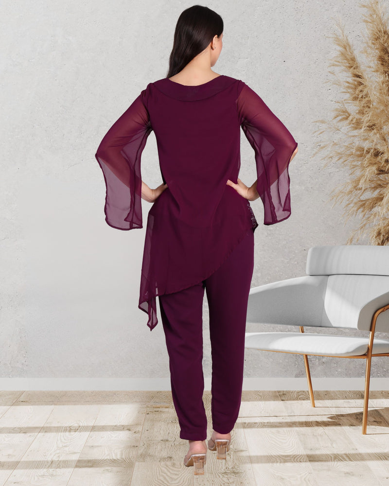 Women's Asymmetric Sequin Motif Embellished Georgette Set